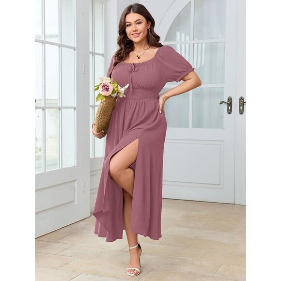 Plus Size Maxi Dress Smocked Square Neck Short Sleeve Flowy Long - Picture 5 of 6